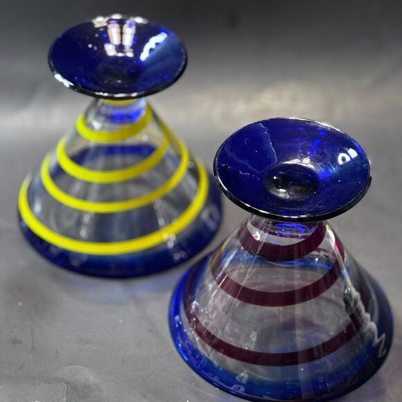 Hand-Blown Cobalt Rim Martini Glasses – Matched Pair, Mexican Art Glass, Lemon & - Picture 5 of 9